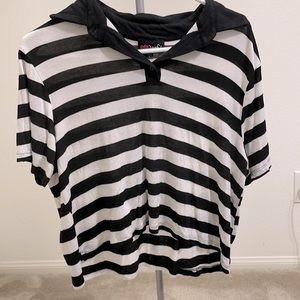 black and white striped collared shirt